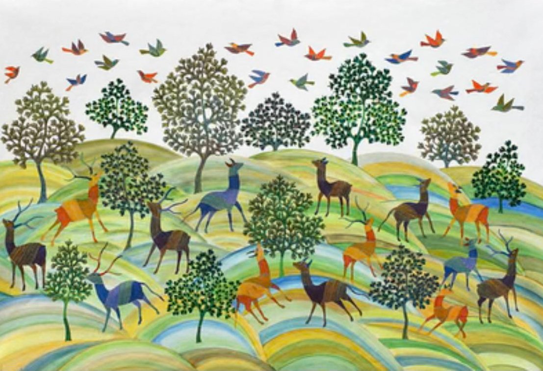 Nature alive: (above) Gariba Singh Tekam’s deer move through patterned hills, trees and birds; (right) a Gond-style deer and tree by Bhuma Ravindraraj, done as a project under art teacher Shubha Shetty at the Austin Hindu Temple’s Gurukulam.