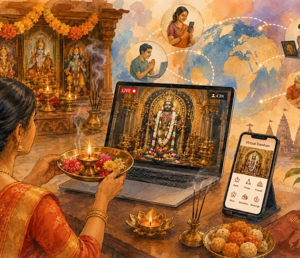 Modern Hinduism: A devotee performs arati while joining a live virtual darshan, blending tradition with technology